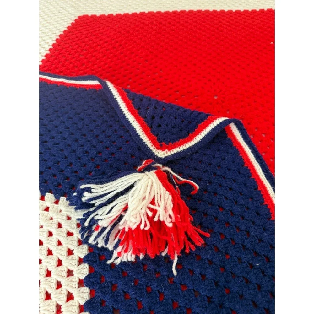 Vintage Large Crochet Afghan Blanket Throw Handmade 100” x 104” Red White & Blue